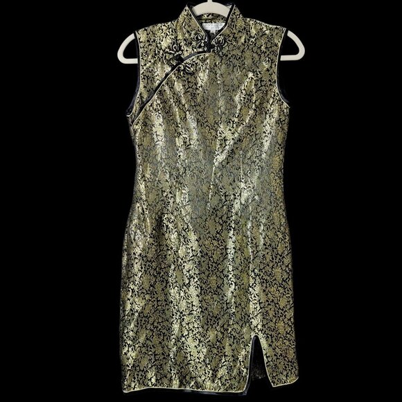 VTG ISRIDA Silk Collection Black Gold Y2K Fitted Cheongsam Chinese Style Dress L - Picture 1 of 11